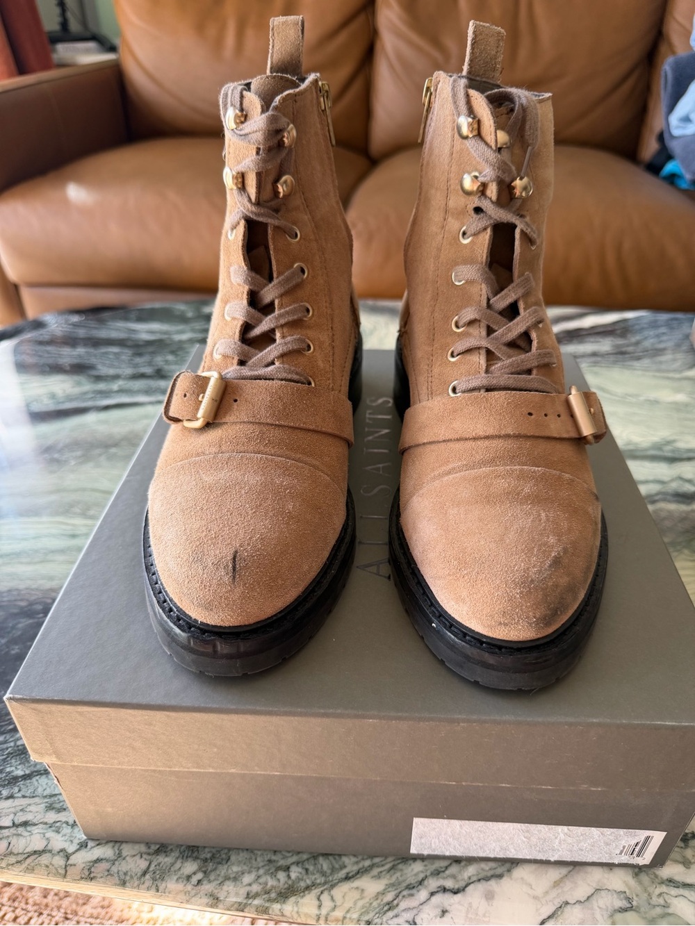 AllSaints Tan Suede Lace-Up Combat Boots with Gold Hardware